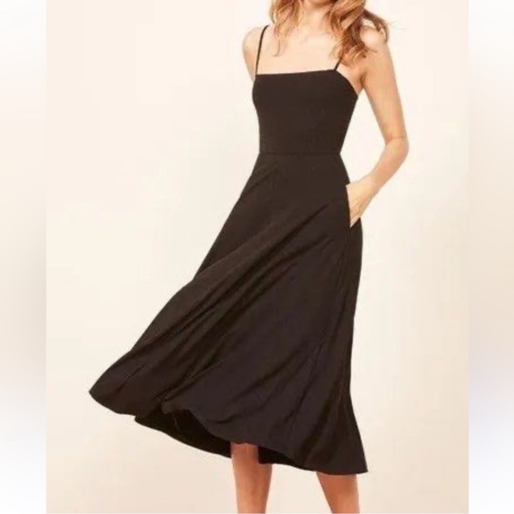 Reformation Billie Ribbed Black Spaghetti Strap Midi Dress With Pockets S